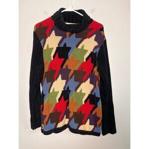2000s Y2K Susan Bristol Chenille Rainbow Big Houndstooth Turtleneck Sweater L